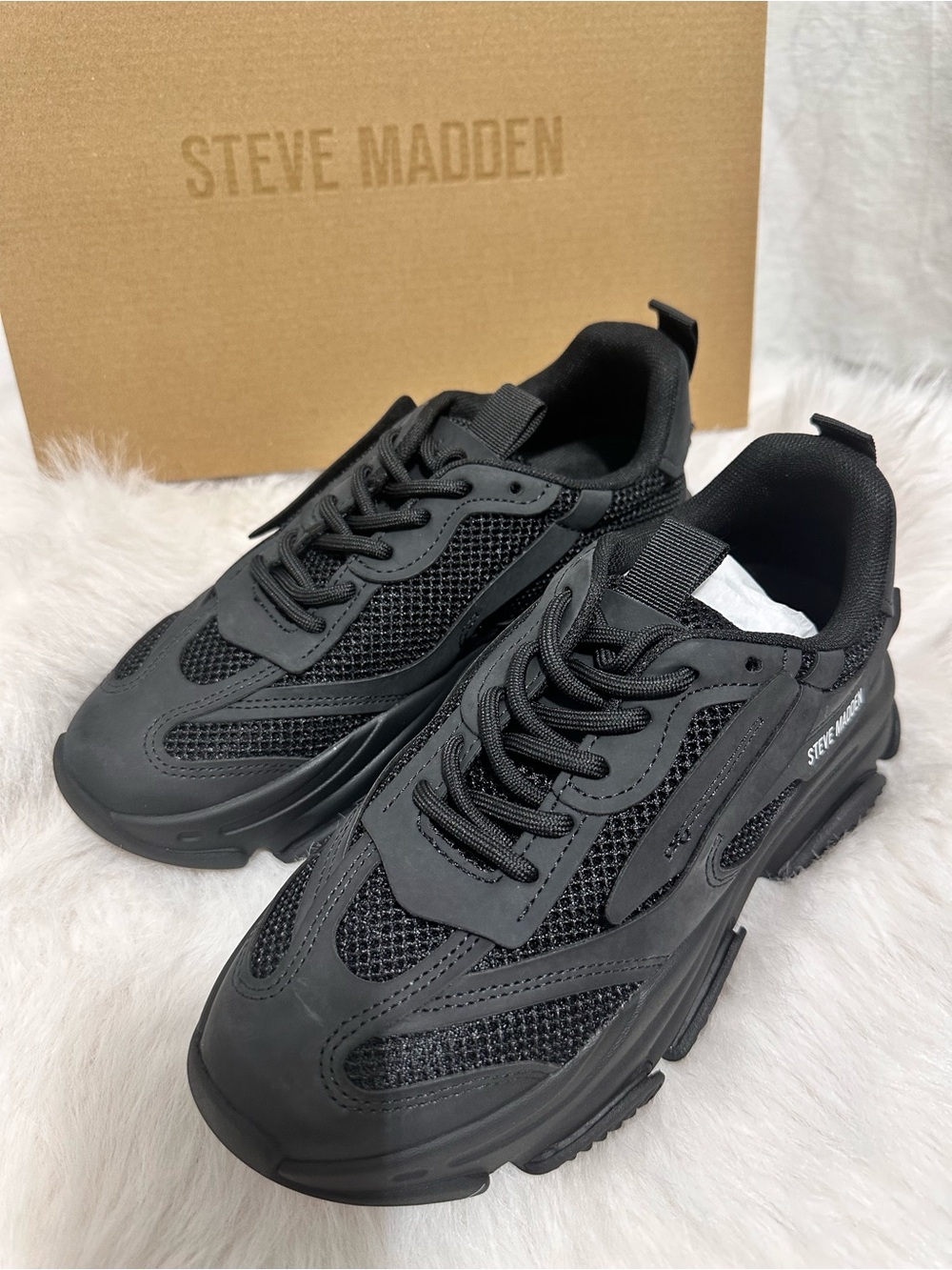 Steve Madden Women’s Black Mesh & Leather Chunky Sneakers - Picture 4 of 6